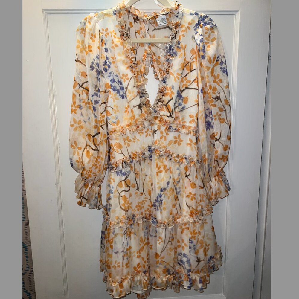 Selfie Leslie Cutout Back Frill Trim Dress Floral Pattern Orange
